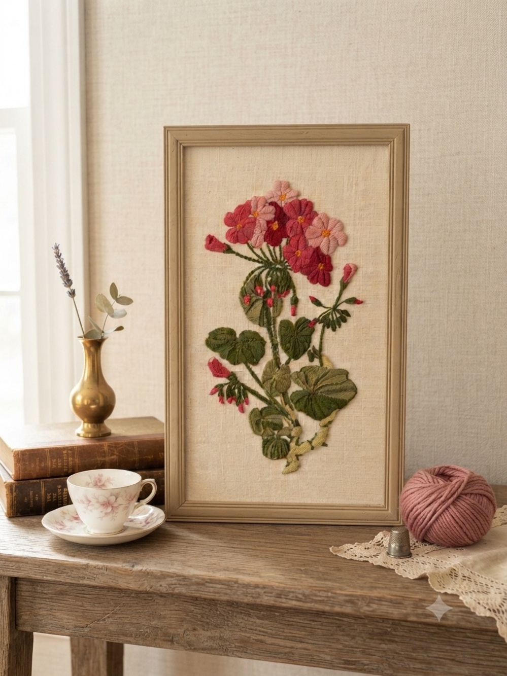 Vintage Framed Embroidery Botanical Art